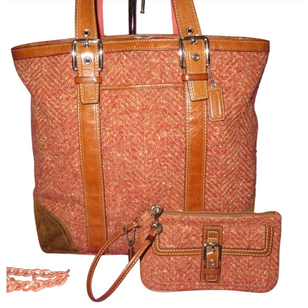 Coach 2007 Herringbone Tweed, Suede & Leather Tote Bag & Matching Wristlet Rust
